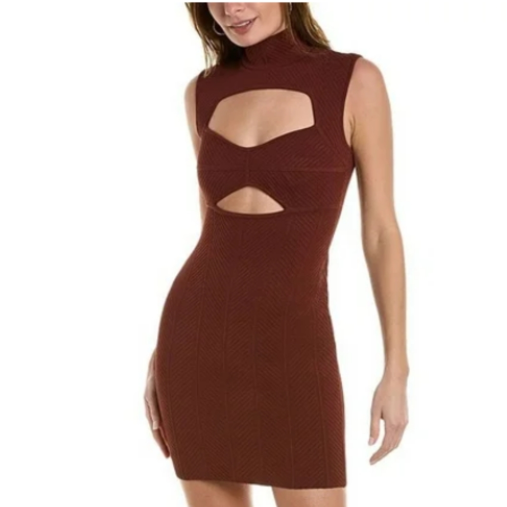 HERVE LEGER Ribbed Bodycon Mini Dress mahogany red women's LARGE